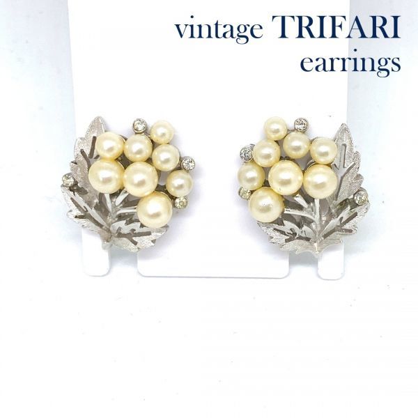 T468 TRIFARI トリファリ イヤリング シルバー パール フラワー ラインストーン アンティーク アンティークジュエリー ヴィンテージ