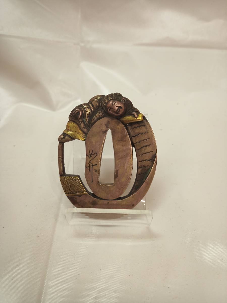 小柄 赤銅魚々子地鶏図 在銘 柳川直孝 花押 刀装具 骨董 古美術 江戸