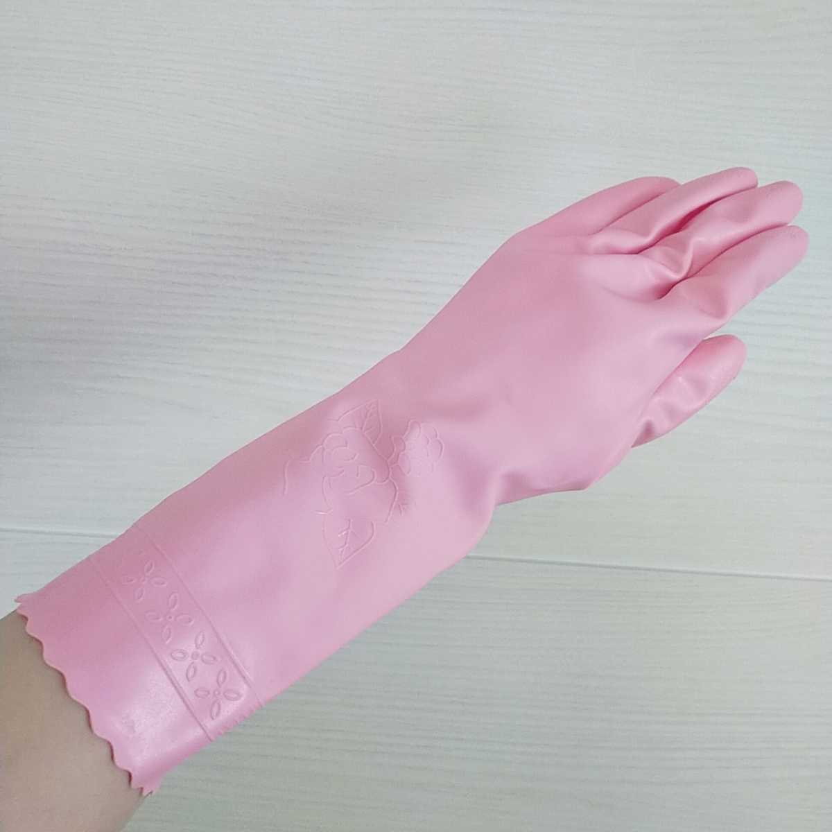 ゴム手袋 裏起毛 ビニール手袋 昭和レトロ 薔薇 女性用 Ｍサイズ　ピンク