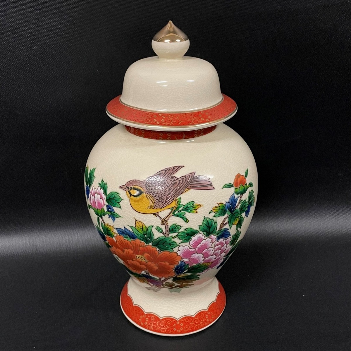 薩摩焼 色絵 茶道具 金襴手 飾壺 ⁄T23 骨董品 秀峰 壷 牡丹 花鳥 在