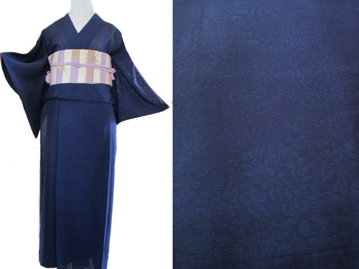 【NEW】 美品♡ 紺色に水色の唐草模様 絽の小紋 夏着物 薄物 藍地 絽 型染め 花唐草 夏着物 小紋 – 小紋 銀座着物3060本藍