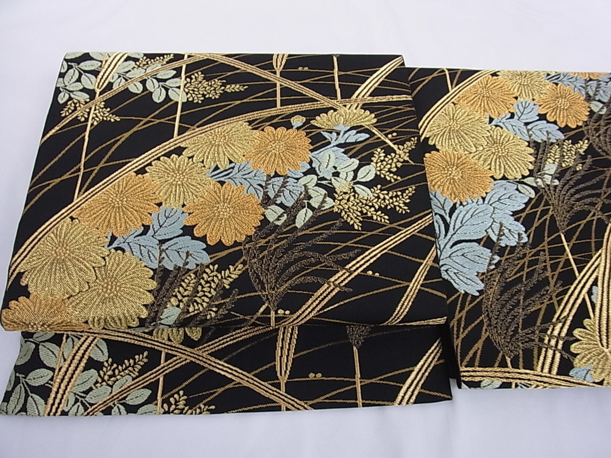 花美人■極上　川島織物　つけ帯　唐織　草花文　黒地　金糸　逸品　ps1890