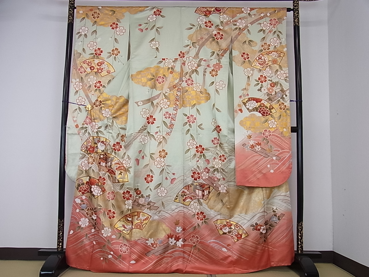駒刺繍 暈し染め 金彩 逸品 正絹 花美人□豪華振袖 御所車地紙