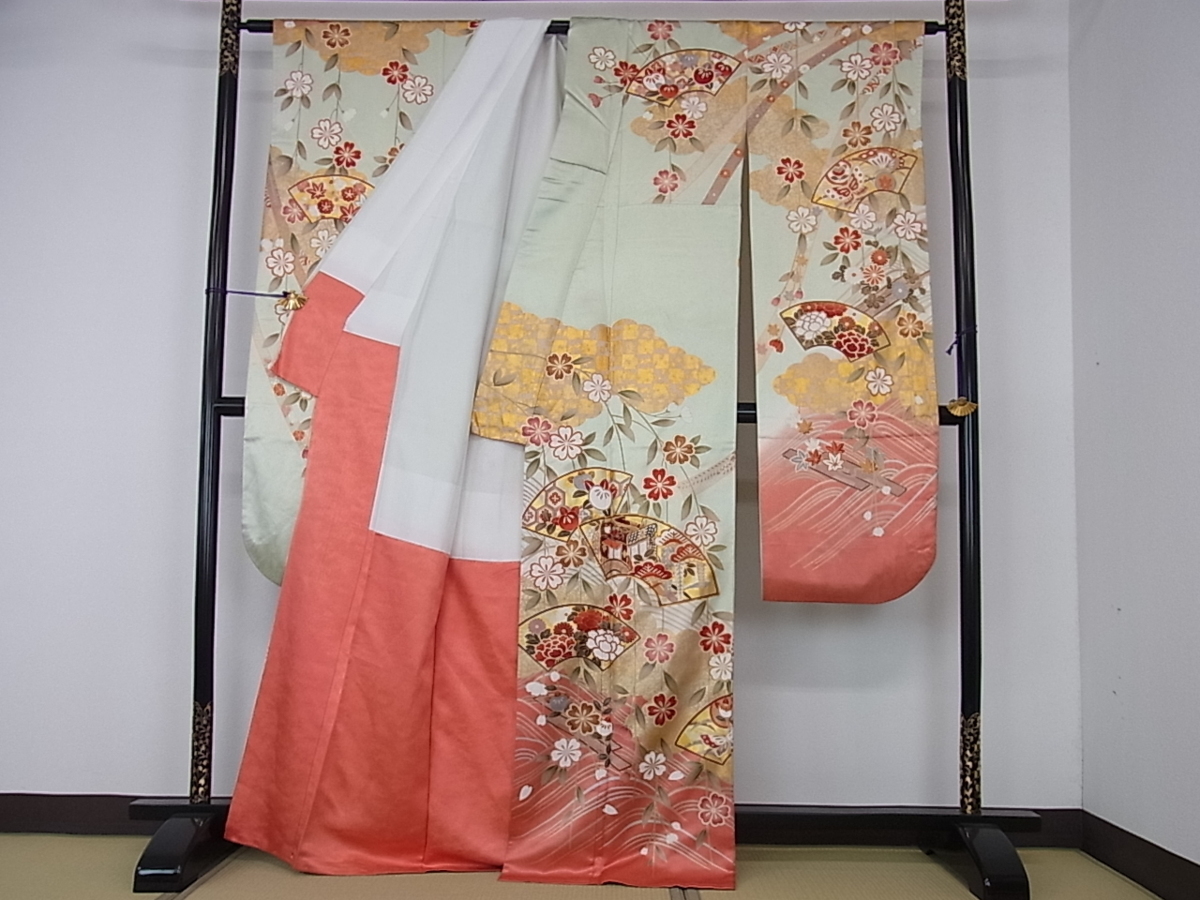 駒刺繍 暈し染め 金彩 逸品 正絹 花美人□豪華振袖 御所車地紙