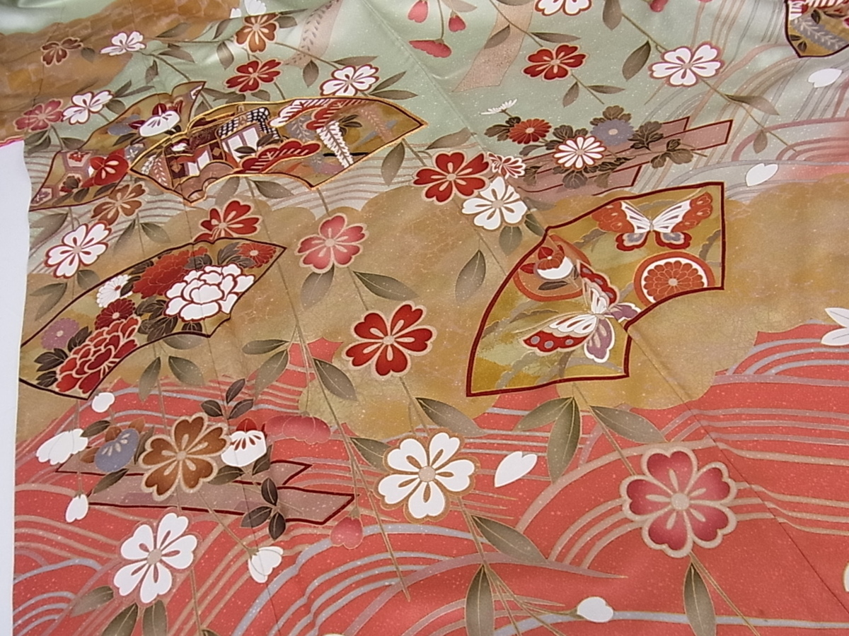 駒刺繍 暈し染め 金彩 逸品 正絹 花美人□豪華振袖 御所車地紙