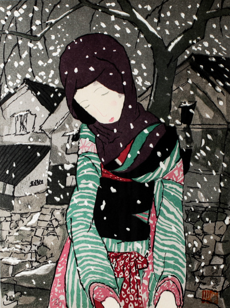 竹久夢二 「雪の夜の伝説」 木版画 限定250部 202/250 額装 #26750YR