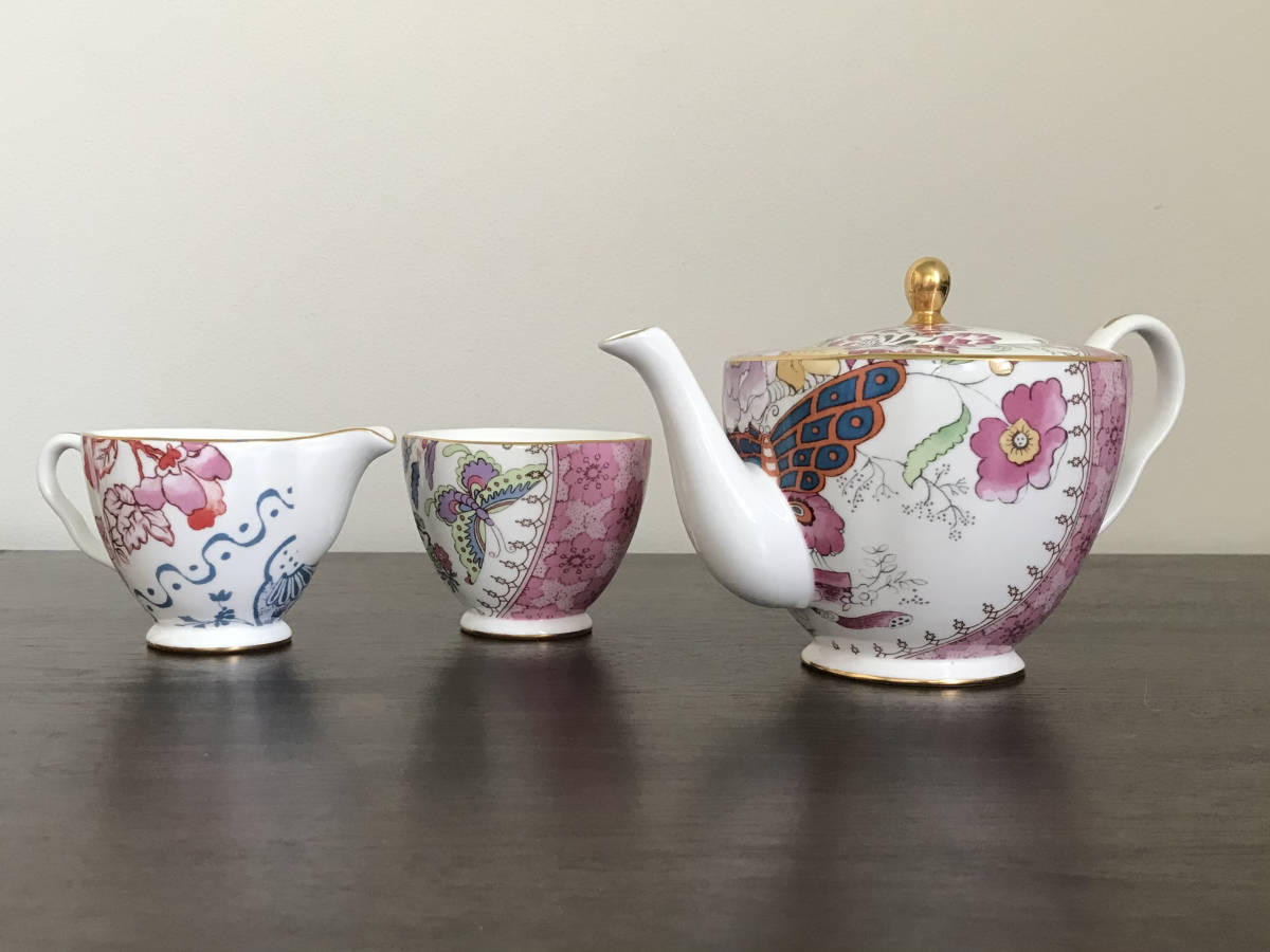 WEDGWOOD ウェッジウッド バタフライ ブルーム ティーポット クリーマー シュガーポット セット バラ 桜 芍薬 クリサンセマム 忘れな草