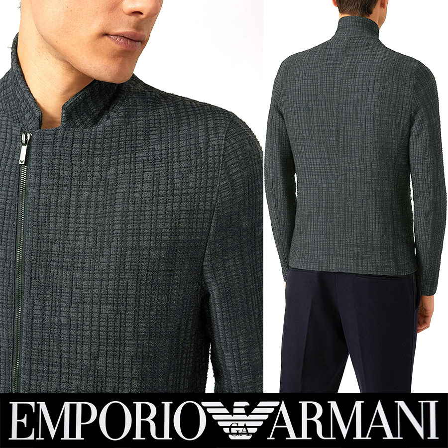 新品11.6万【アルマーニ EMPORIO ARMANI】伊製/春夏/貫禄と余裕の佇まい/ジャガード編み/ライダース調ジャージージャケット52/XL相当/E+