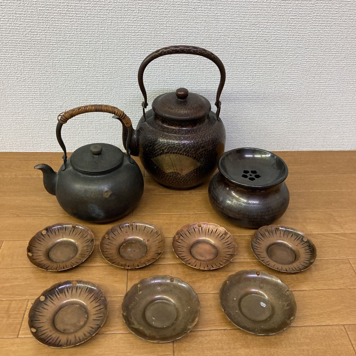 金属工芸 薬缶 湯沸 茶器 煎茶道具 銅瓶 茶こぼし 茶托 建水 竹川