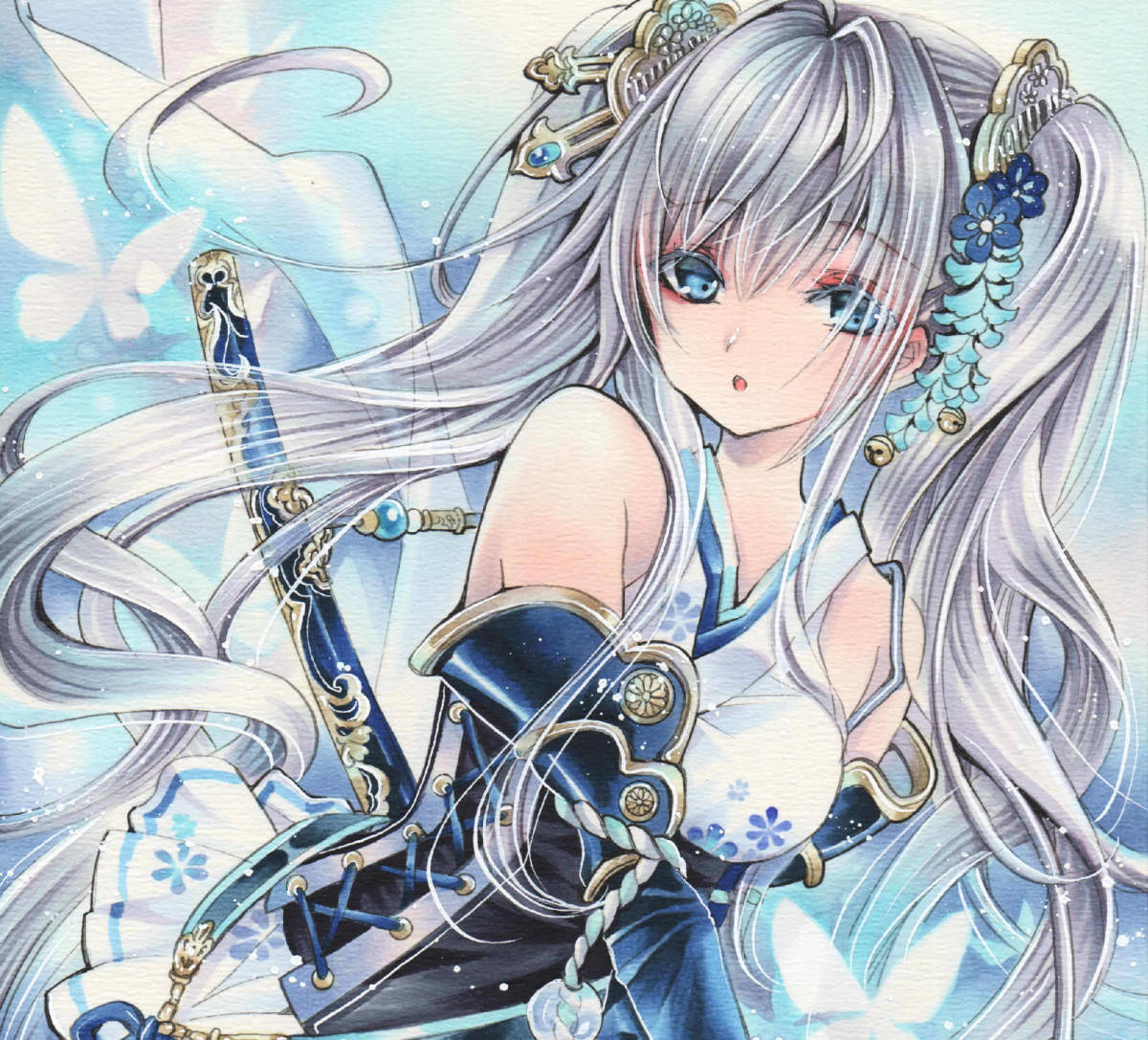 同人手描きイラスト・オリジナル『舞うプラチナ』A4サイズ水彩ボード
