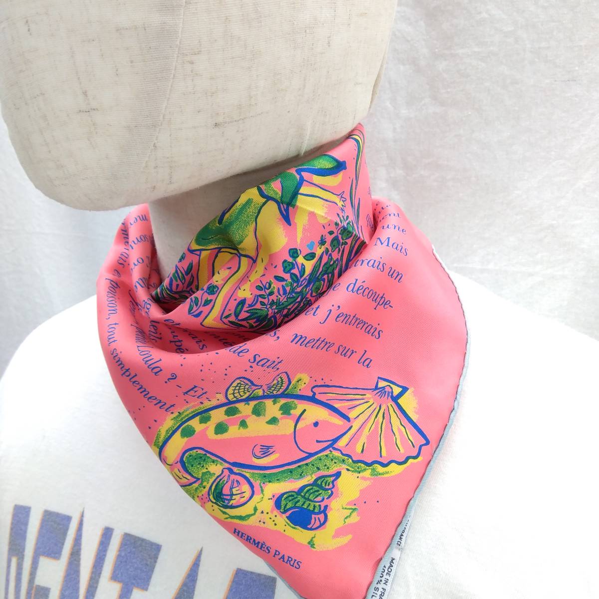 HERMES プチカレ L'ete de Loula ピンク 魚 スカーフシルク 店舗受取可
