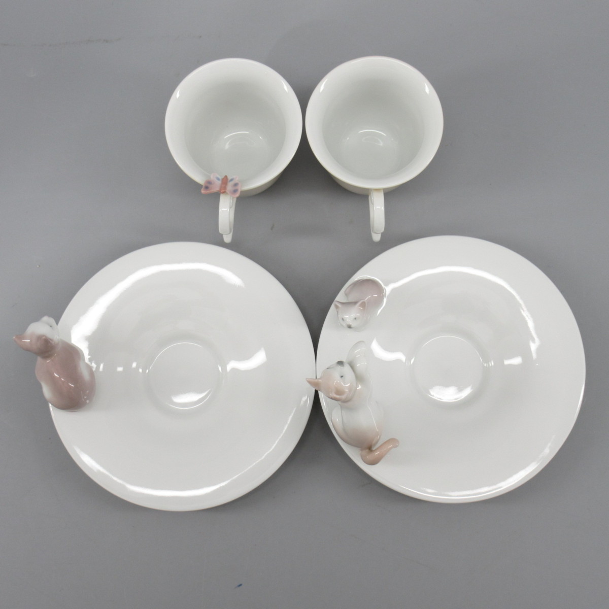 1円 リヤドロ 親子猫 / 猫と蝶々 カップ＆ソーサー 計2点 Lladro/陶器