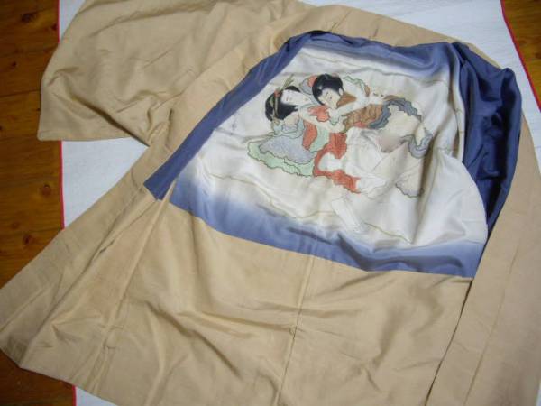 正絹紬長羽織裏は春画浮世絵手描裄長い70丈98cm男女図ベージュ(一般