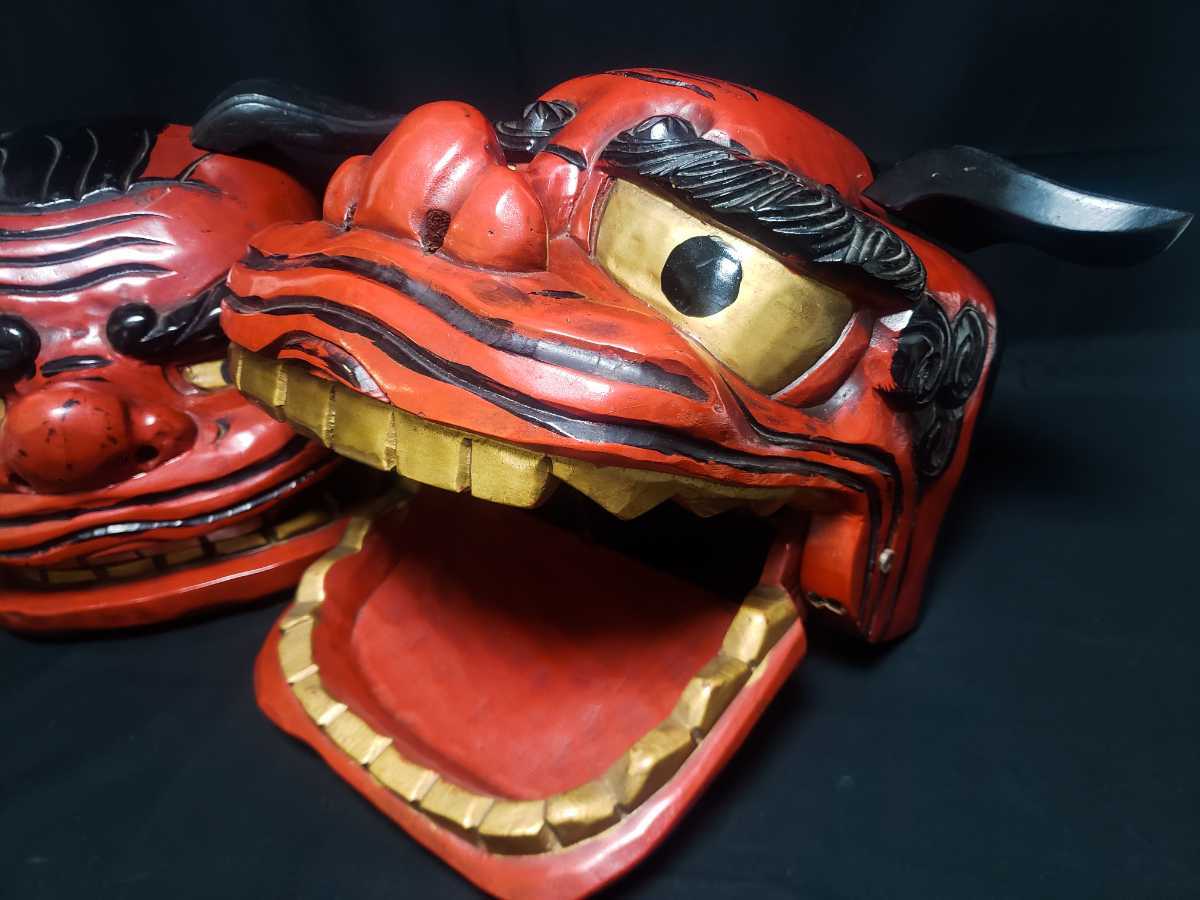 獅子舞 獅子頭 縁起物 神楽 木彫 魔除け 木彫り 置物 能面 時代物 木製 
