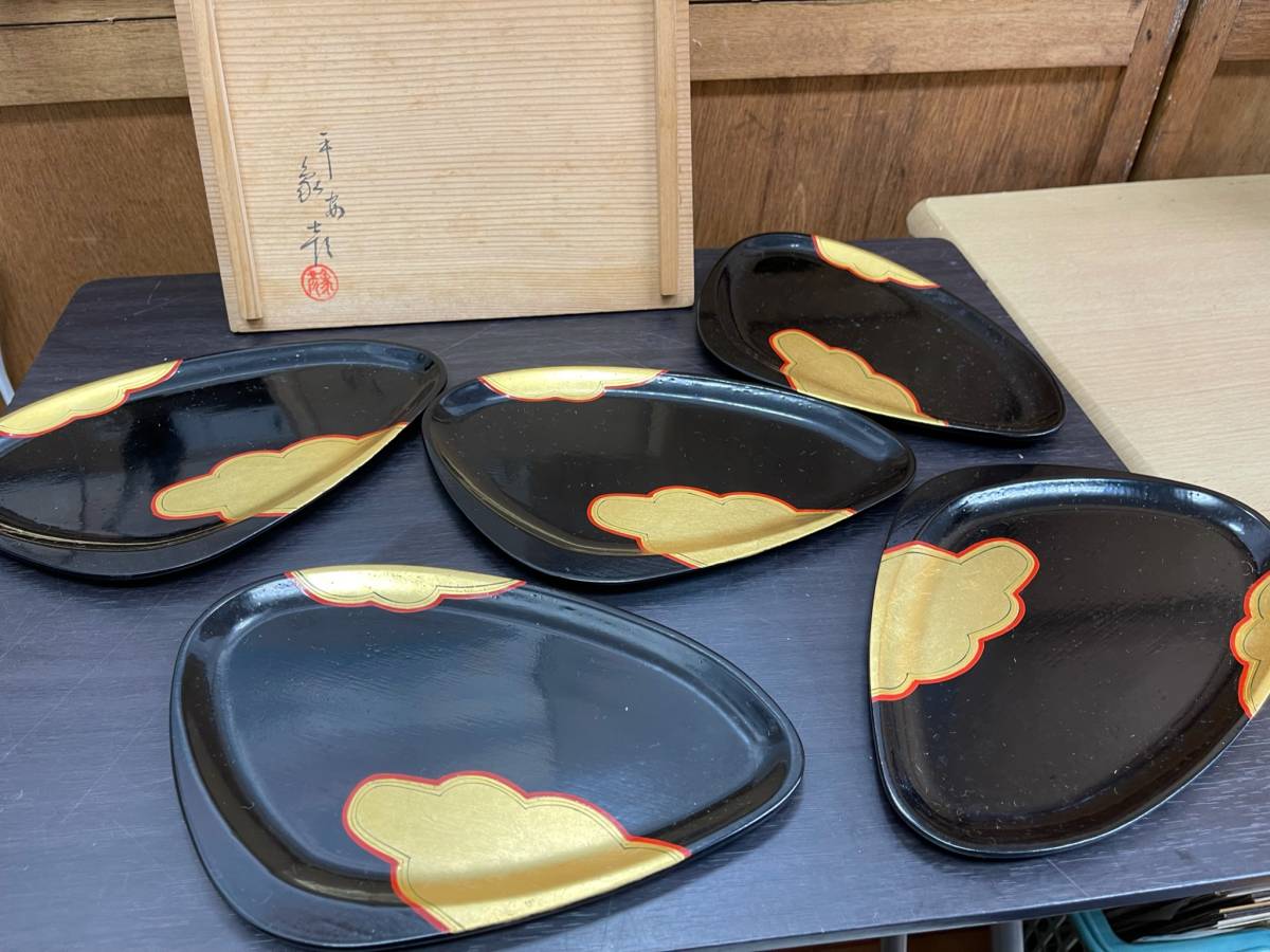 新品✾平安象彦②大原菊 銘々皿 黒 5枚 漆塗り 卸売 5客 桐箱 菊 銘々