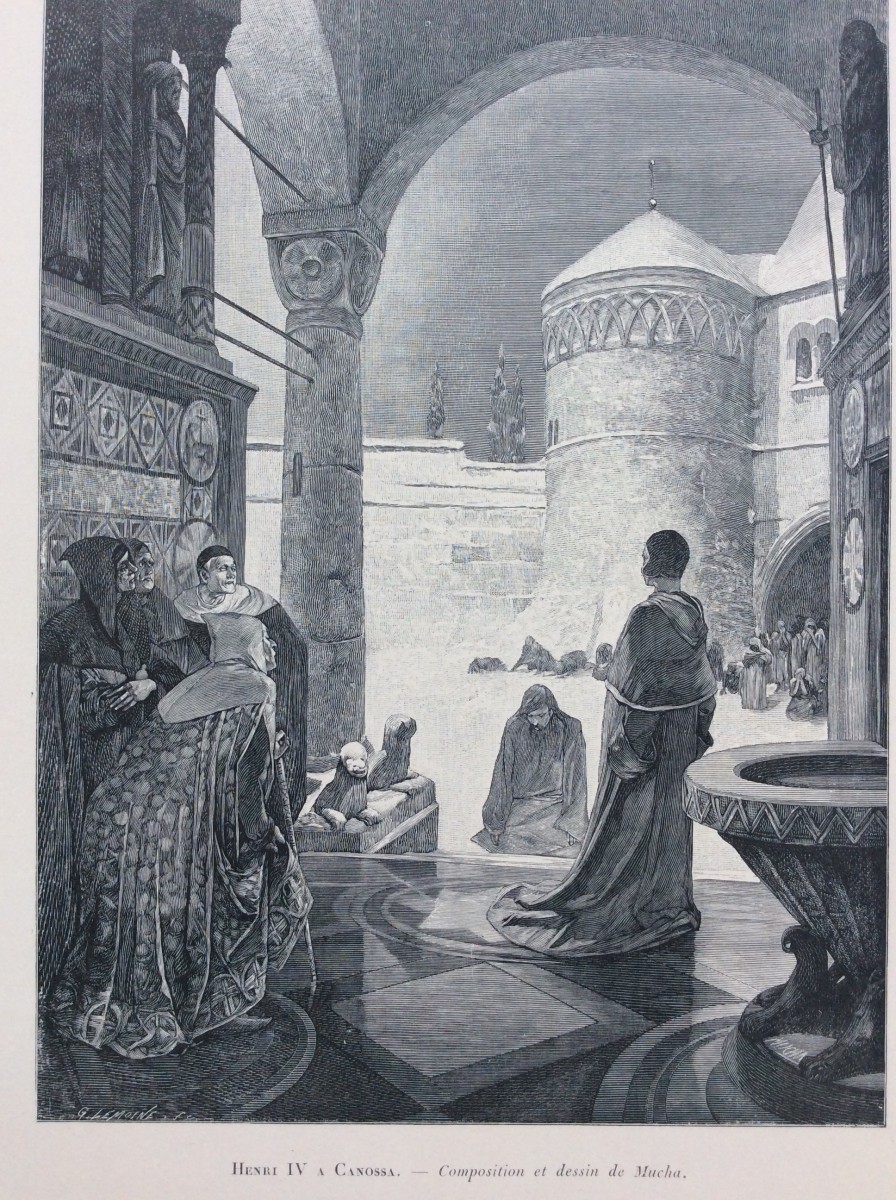 ミュシャ画 カノッサの屈辱 ヘンリー4世 ドイツの歴史より 1898年