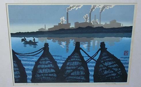 木版画 松見八百造 作 「石狩川 八ッ目漁」（額装／画家／版画）