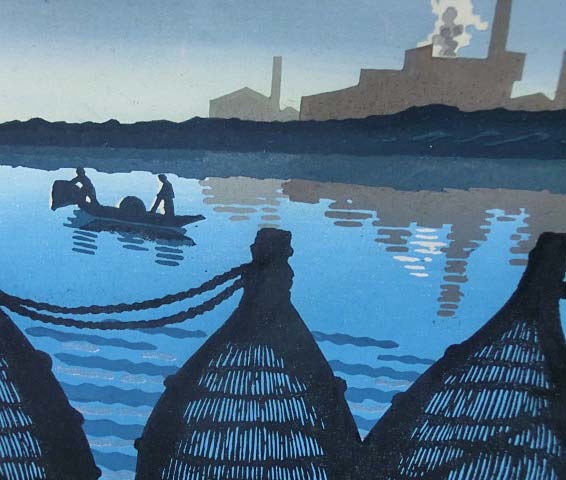 木版画 松見八百造 作 「石狩川 八ッ目漁」（額装／画家／版画）