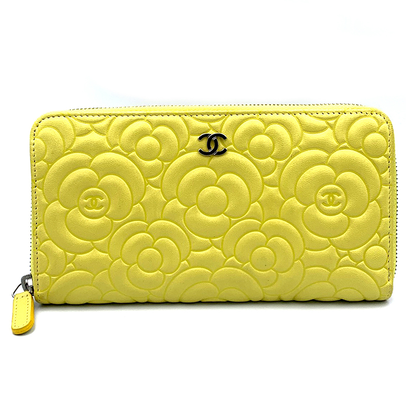 シャネル CHANEL カメリア ロングウォレット イエロー シルバー金具
