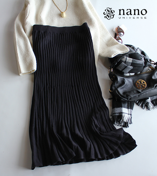 ナノユニバースnano universe／リブニットプリーツスカート黒★新品 NANO universe ナノ・ユニバース 抑制 毛玉 レディース