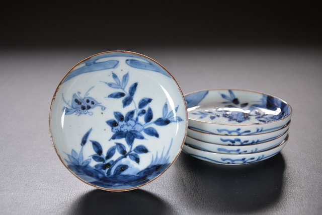 染付 古伊万里 花鳥文 三客組 蓋付き 【流】古美術品 染付蓋茶碗十客 KE462