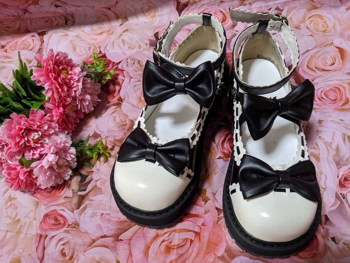 白×黒◆リボン付き◆疲れない低め◆安定した◆つま先が痛くならない◆ロリータ◆サンダル