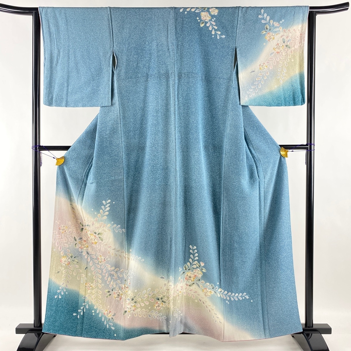 訪問着 名品 辻が花柄 染分け 水色 袷 身丈160.5cm 裄丈64.5cm M 正絹