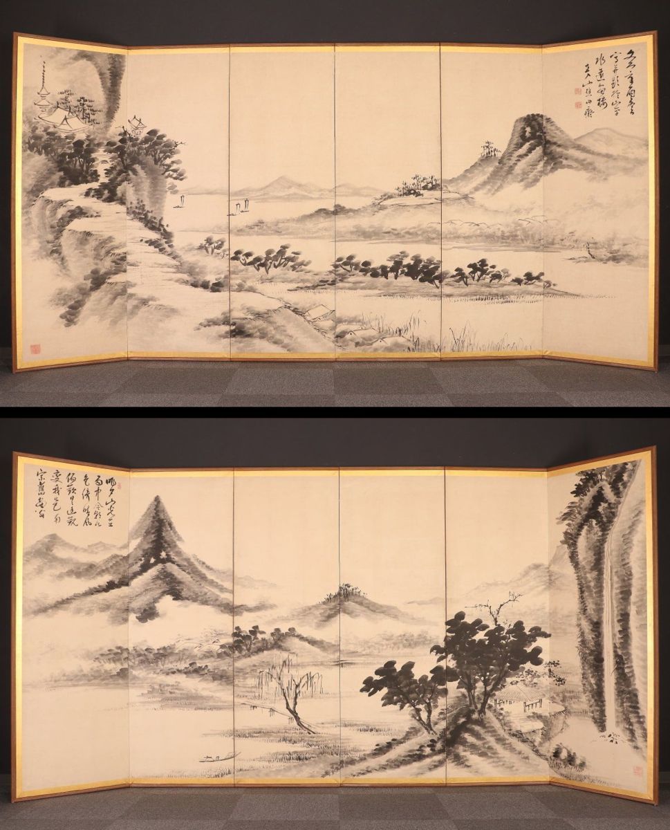 掛軸□ 田能村竹田 山水図 紙本着色 高橋草坪 田能村直入 文人画 南画
