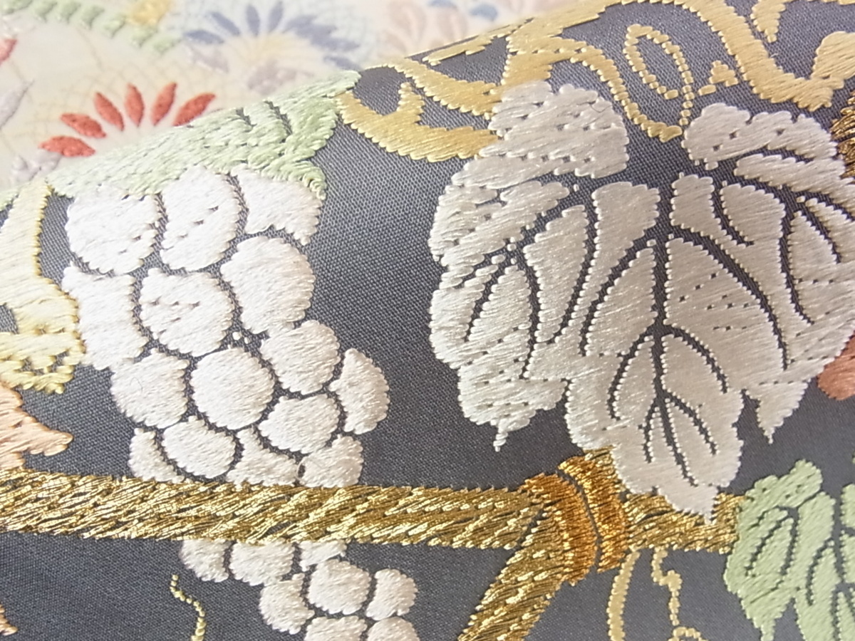 平和屋着物□六通柄袋帯 唐織 竹垣葡萄蔦の葉花文 金糸 逸品 w375 