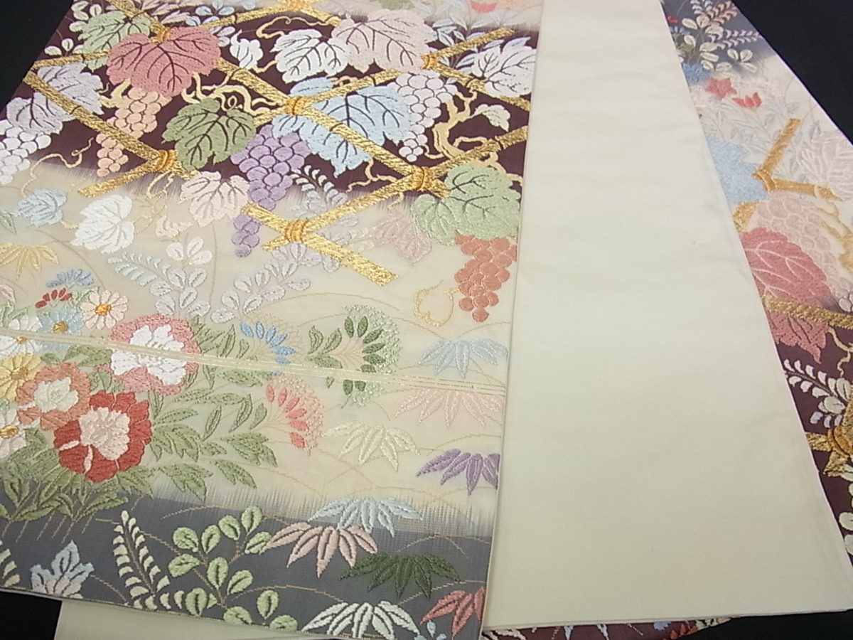 平和屋着物□六通柄袋帯 唐織 竹垣葡萄蔦の葉花文 金糸 逸品 w375 