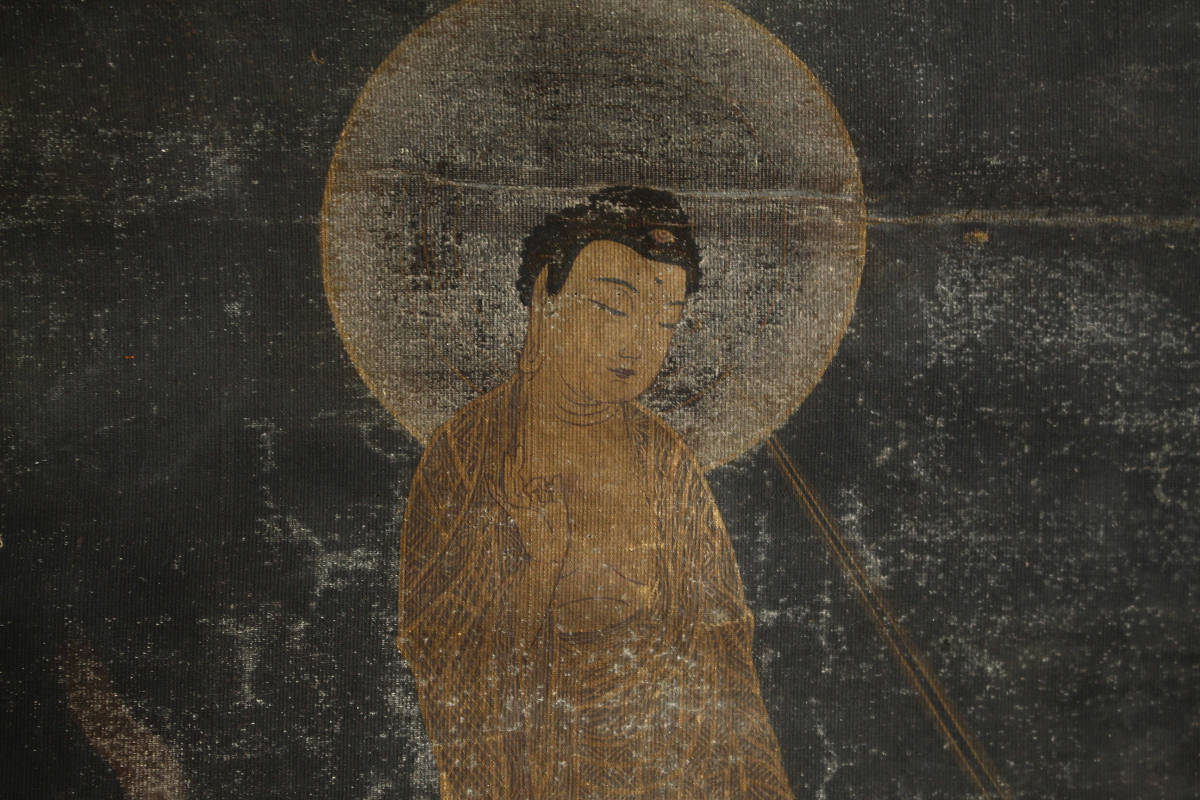 時代古仏画 「阿弥陀三尊来迎図」 仏教美術 掛軸 塗箱付属 検索：紺地
