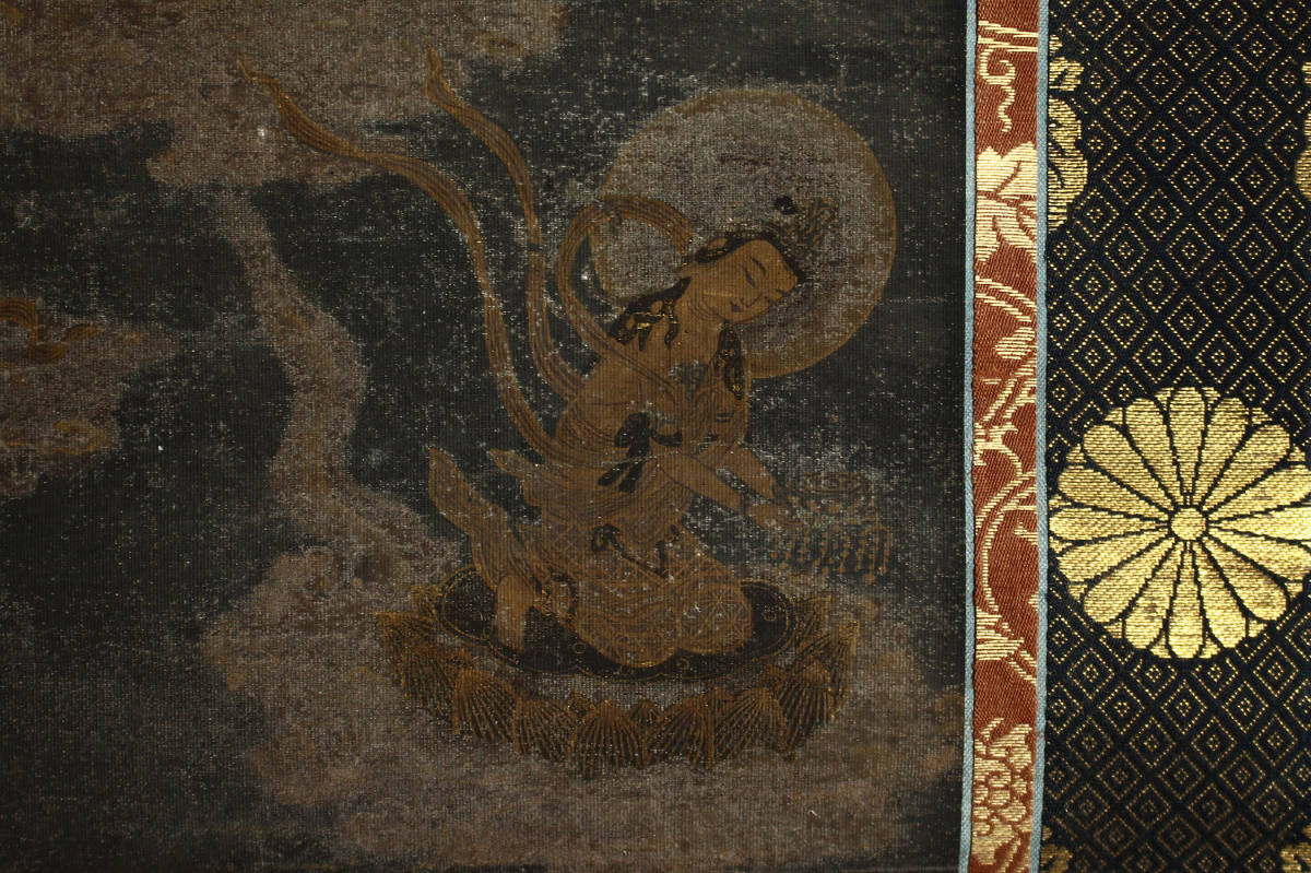 時代古仏画 「阿弥陀三尊来迎図」 仏教美術 掛軸 塗箱付属 検索：紺地