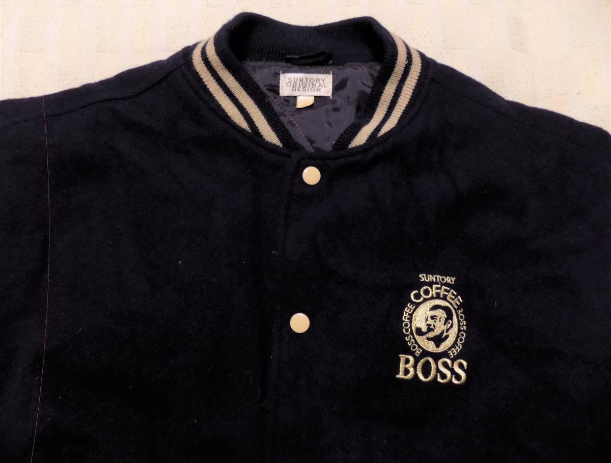 サントリー BOSS 袖が牛皮革 ネイビー スタジアムジャンバー SUNTORY 