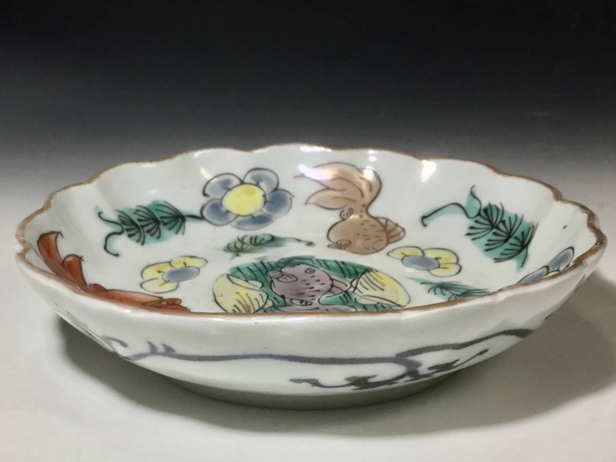 江戸後期 古伊万里 四寸 翔)古伊万里 色絵 0 深皿 ⑤ 皿 輪花金縁 金魚