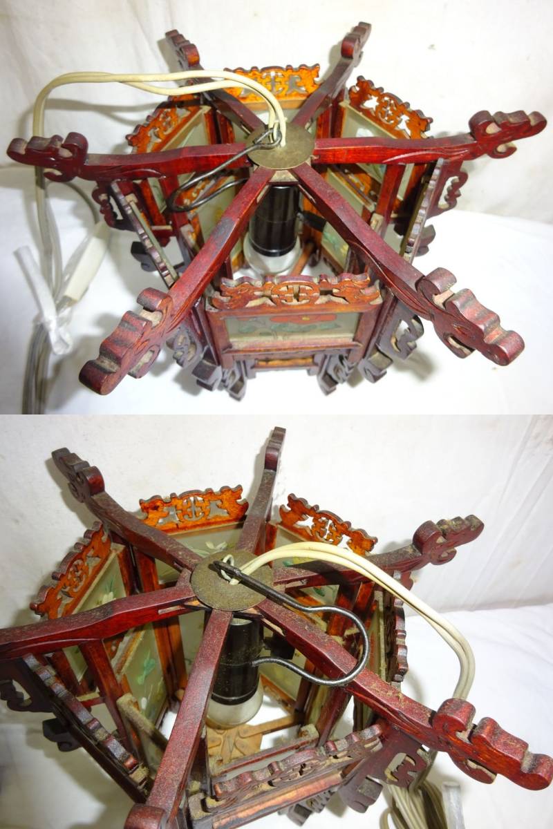 【照明器具】 紫檀燈籠　六角形　模様入ガラス　一対　中古品