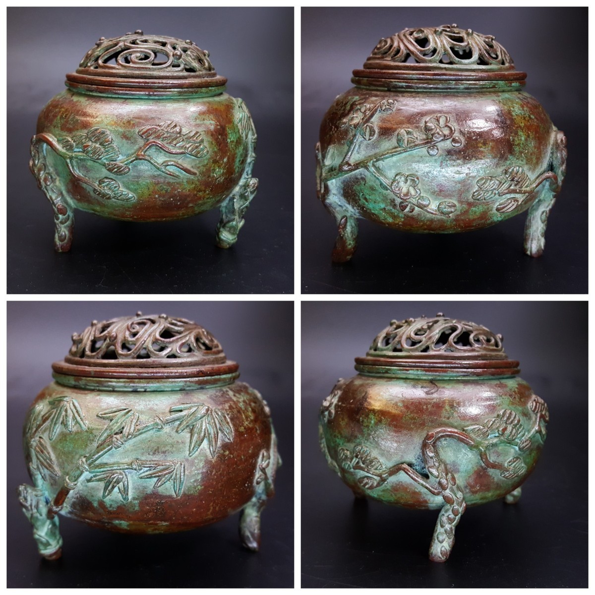 高岡銅器須賀月芳作 三足香炉 松竹梅 玉形三友文香炉 焼青銅色 銅製 香