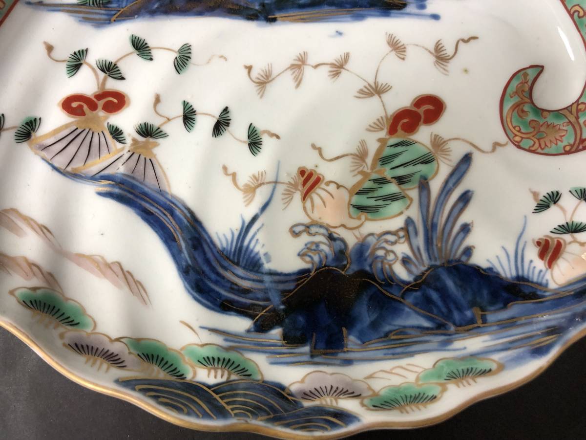 古伊万里 古美術 鮑皿 鮑形 磯尽くし文様 1客 あわび形 伊万里 染錦 