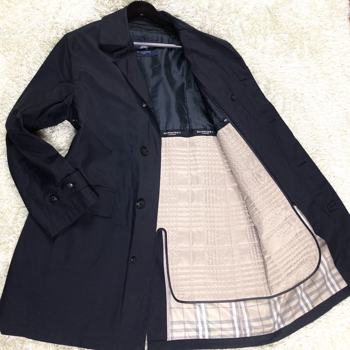 希少LL XL美品!バーバリーロンドン ステンカラーコートノバチェック 黒 