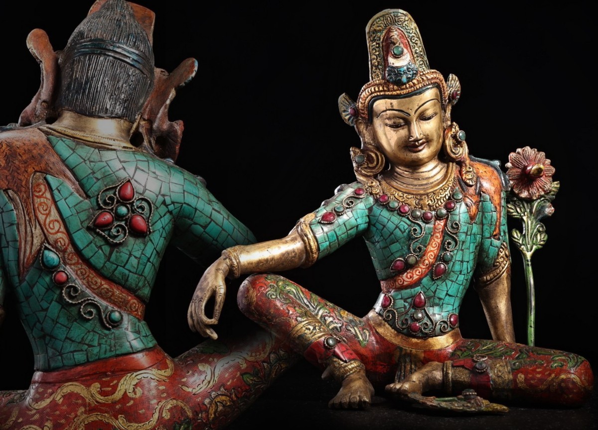◇鶴鳴堂◇ チベット・17-18世紀 銅造鍍金 嵌め宝石彩絵描金自在度母佛