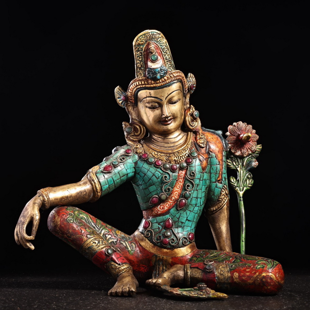 ◇鶴鳴堂◇ チベット・17-18世紀 銅造鍍金 嵌め宝石彩絵描金自在度母佛