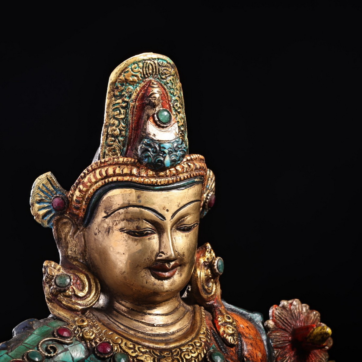 ◇鶴鳴堂◇ チベット・17-18世紀 銅造鍍金 嵌め宝石彩絵描金自在度母佛
