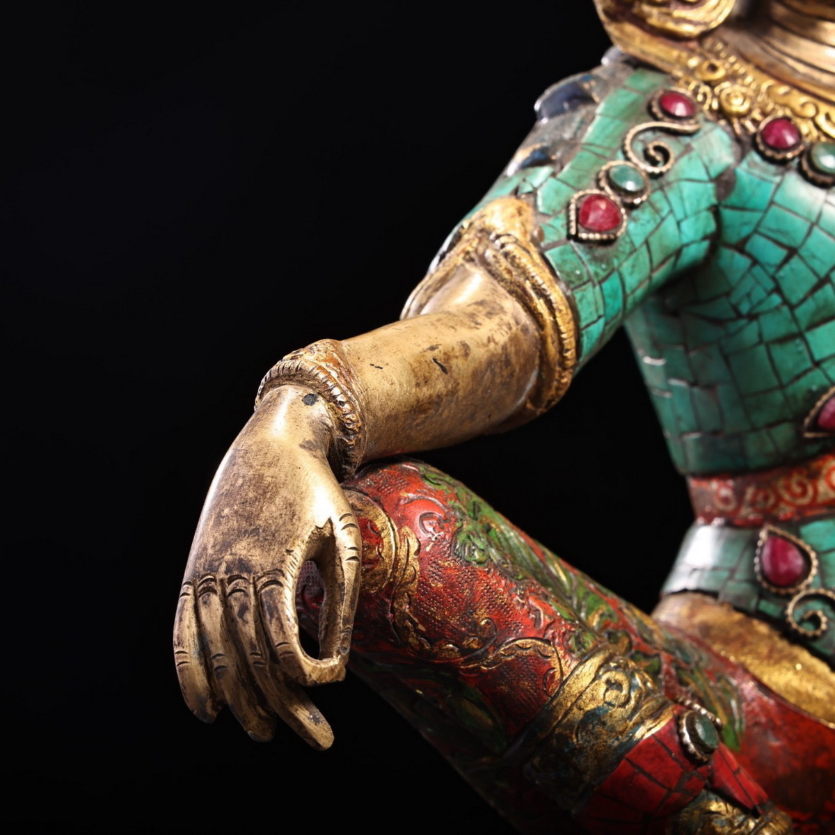 ◇鶴鳴堂◇ チベット・17-18世紀 銅造鍍金 嵌め宝石彩絵描金自在度母佛