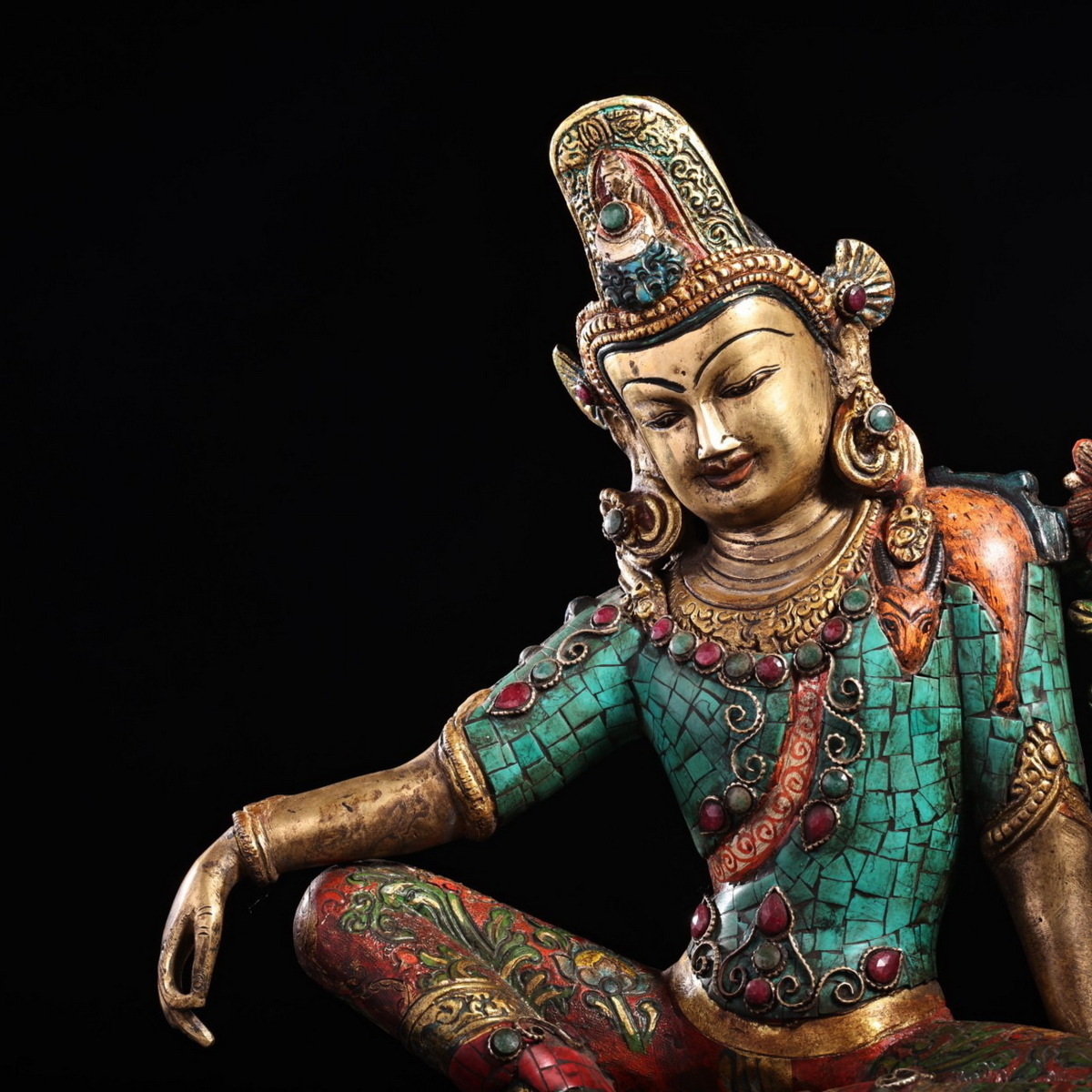 ◇鶴鳴堂◇ チベット・17-18世紀 銅造鍍金 嵌め宝石彩絵描金自在度母佛