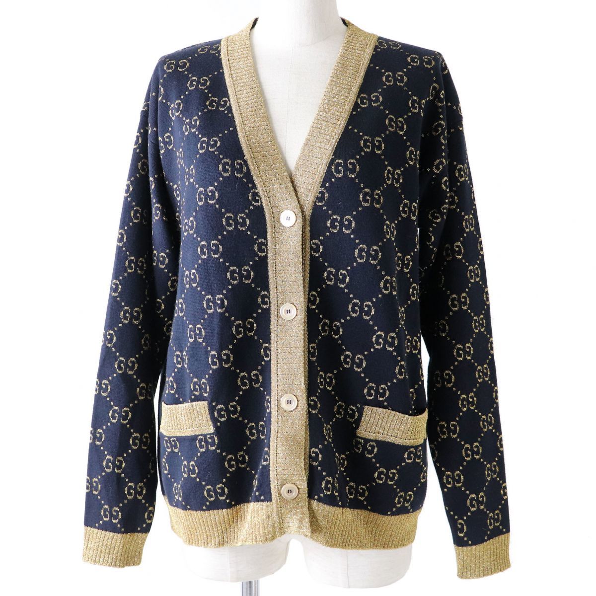 限定セール，人気SALE 極 正規品 GUCCI グッチ 529193 Vネック ロゴボタン付 GGコットンラメ ファブリック カーディガン ブラック&times;ゴールド レディース XS(カーディガン)｜売買されたオークション情報、yahooの商品 女性用
