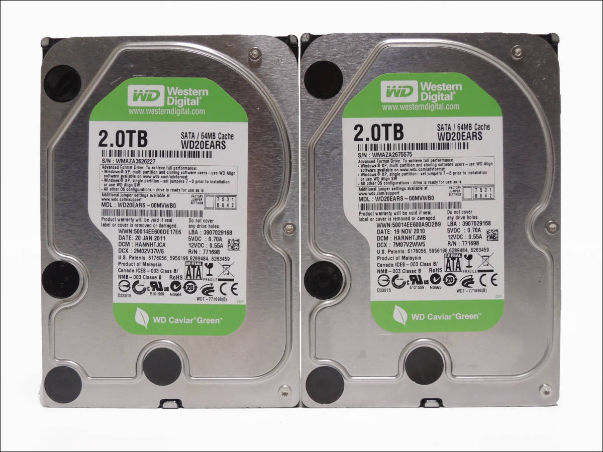 超激得，得価 WD 3.5インチHDD WD20EARS 2TB SATA 2台セット #9254(2TB～)｜売買されたオークション情報、yahooの商品情報をアーカイブ公開 - オークファン 3.5 SerialATA