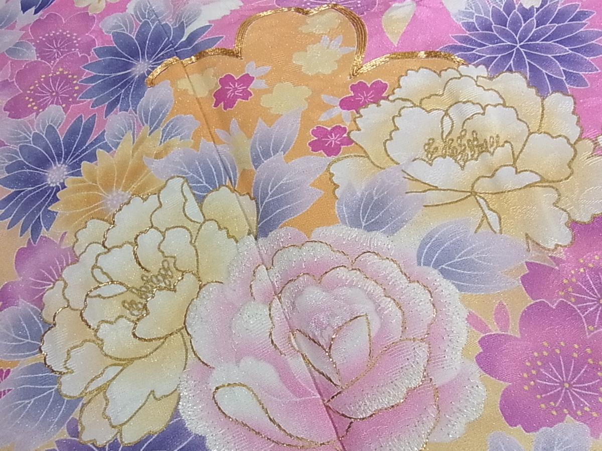 花美人着物□豪華振袖 駒刺繍 華麗な花 暈し染め 金彩 銀通し地 逸品 