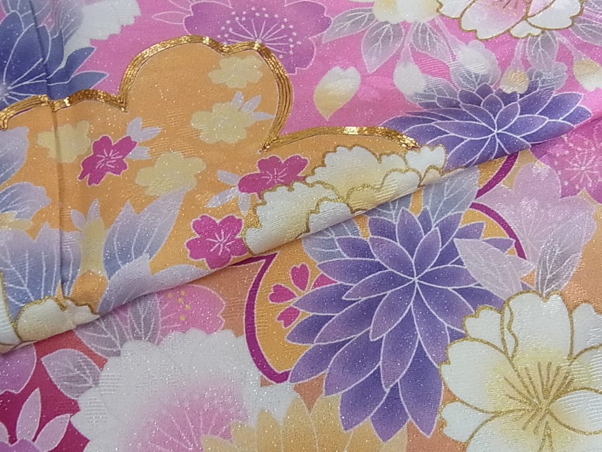 花美人着物□豪華振袖 駒刺繍 華麗な花 暈し染め 金彩 銀通し地 逸品 