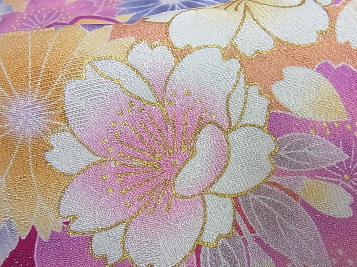 花美人着物■豪華振袖　雪輪桜牡丹文　暈し染め　金彩　逸品　ic3402 金彩 暈し染め 逸品 高級着物 本金箔 ya010