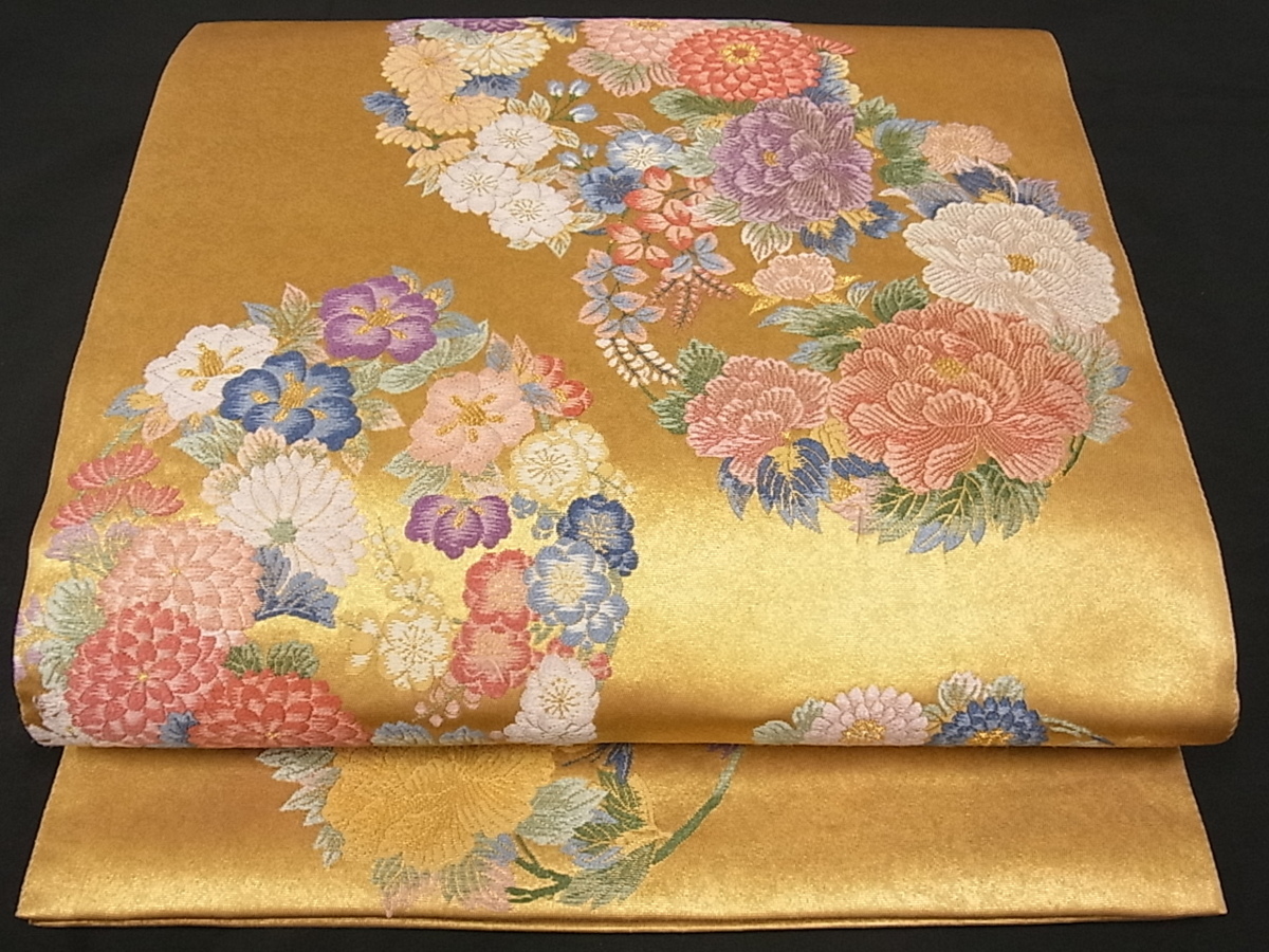 着物屋こころ□六通柄袋帯 唐織 丸取麗花文 金糸 正絹 逸品