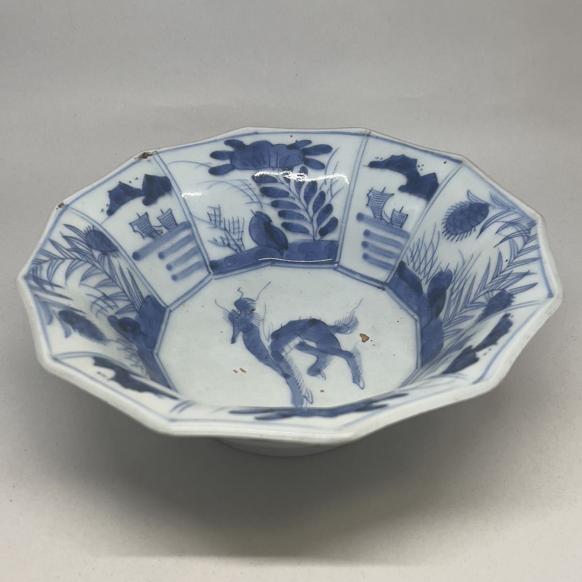 古伊万里 中国古玩 古 染付 芙蓉手 兜 鉢 皿 麒麟 唐物 時代物 古陶磁